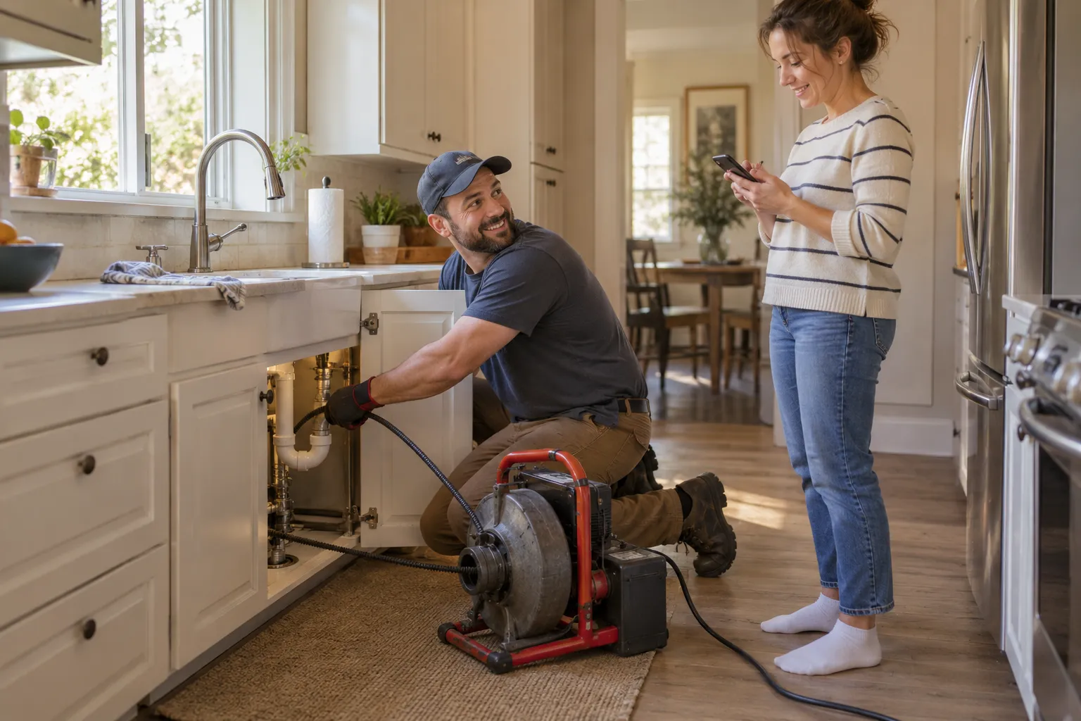 Friendly local drain provider kneeling by a kitchen sink with a homeowner in the New Lenox area