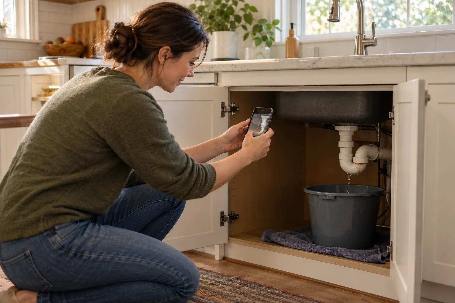Homeowner photographing a leaking pipe under a kitchen sink in New Lenox