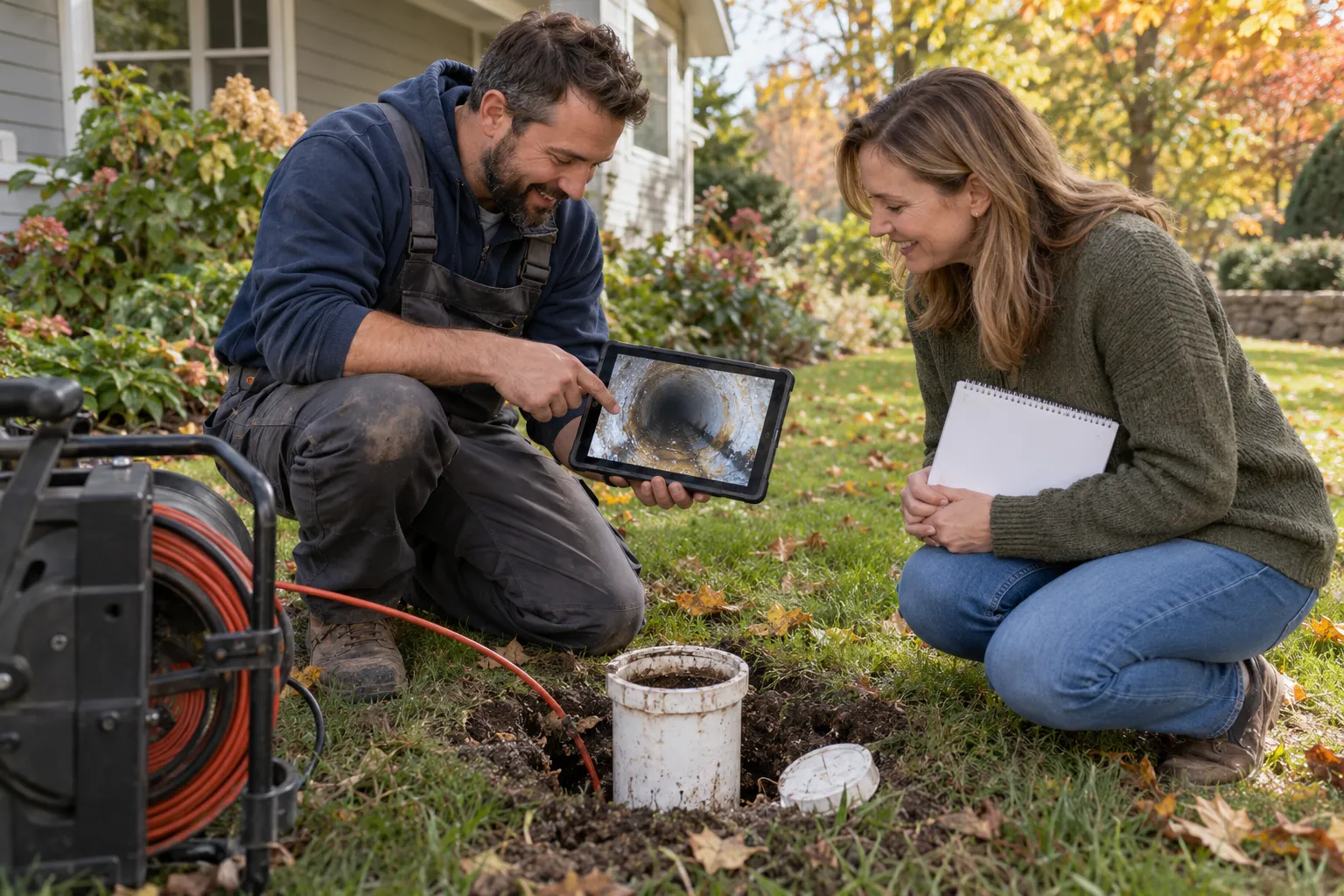 Independent local plumbing provider reviewing a sewer camera inspection with a homeowner in the New Lenox area